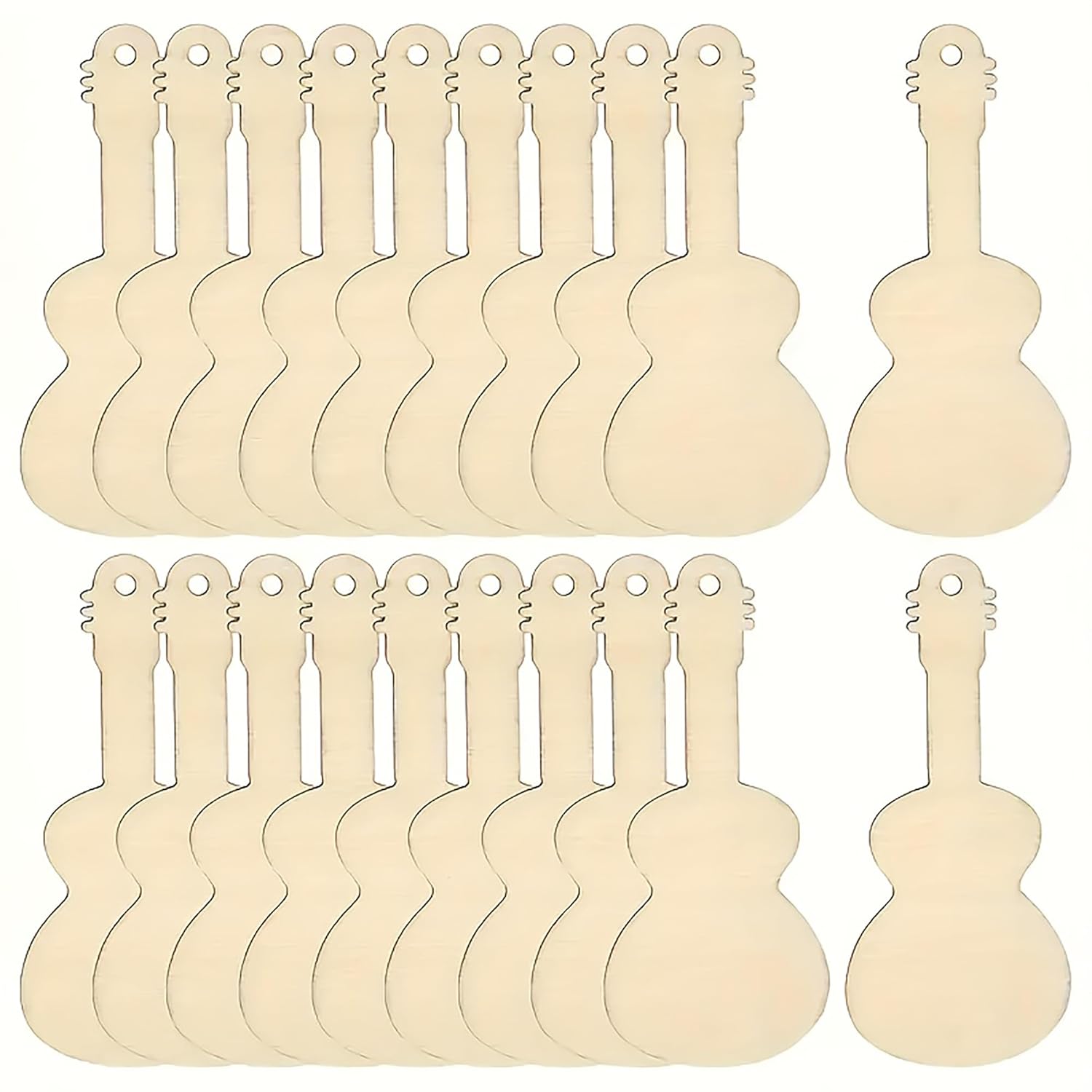 Set of wooden guitar-shaped cutouts on a white background