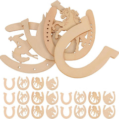 Wooden horseshoe and horse design cutouts on a white background