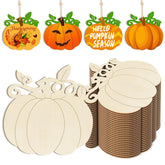 Wooden pumpkin-shaped cutouts with decorative strings, some with printed text, on a white background.