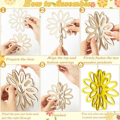 Step-by-step assembly guide for a wooden pendant with floral design.
