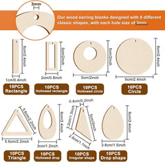 American Elm 80 Pcs Unfinished Wooden Earring Blanks Kit 8 Shapes (Teardrop, Circle, Rectangle) MDF for DIY Jewelry Making