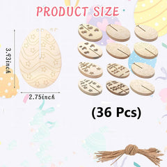Set of wooden Easter egg decorations with measurements and quantity on a colorful background