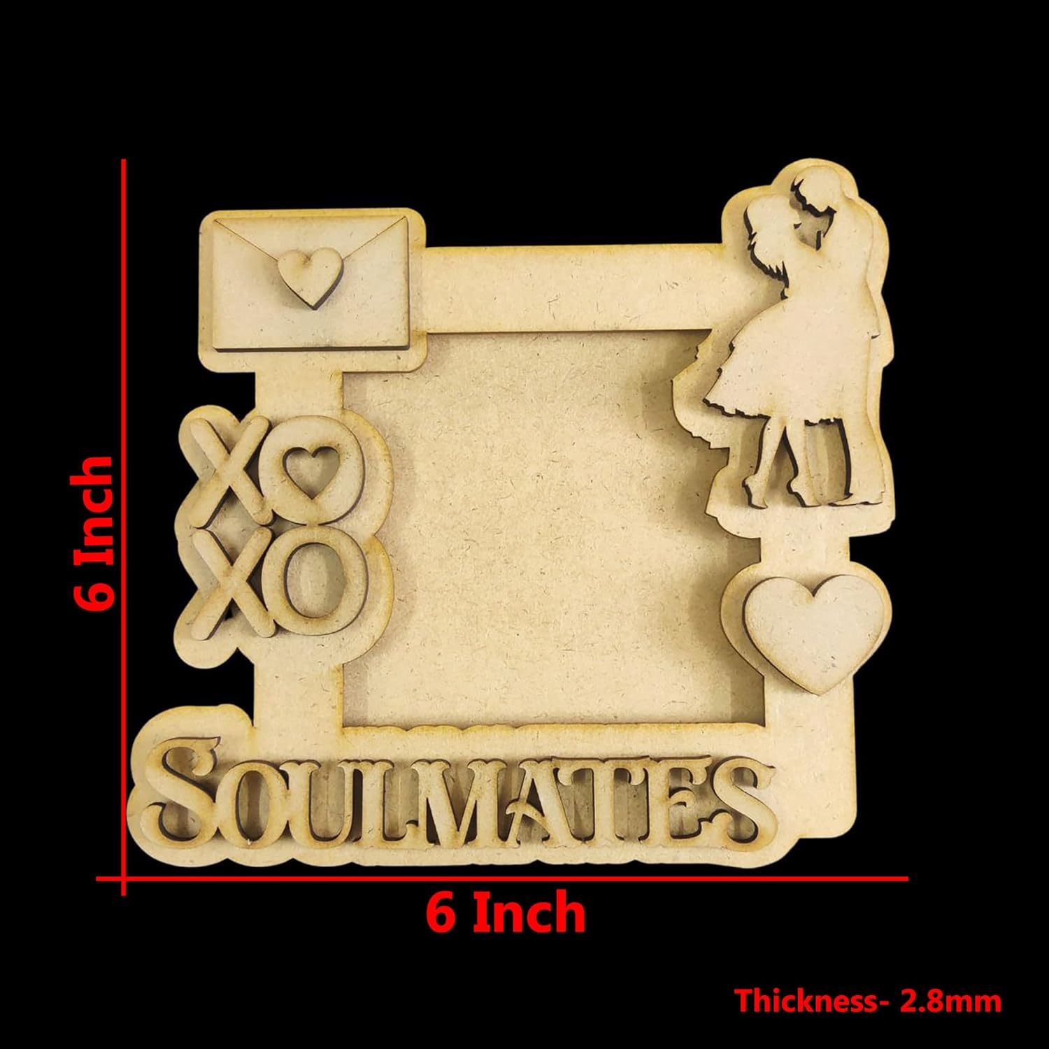 Wooden photo frame with 'Soulmates' text and measurements on a black background
