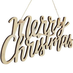Wooden 'Merry Christmas' sign hanging against a white background