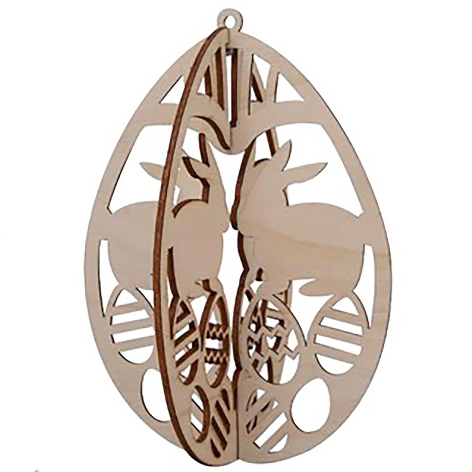 Wooden ornament with cut-out design of two deer and an oval shape on a white background
