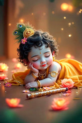 Illustration of a child-like figure with decorative elements on a warm-toned background