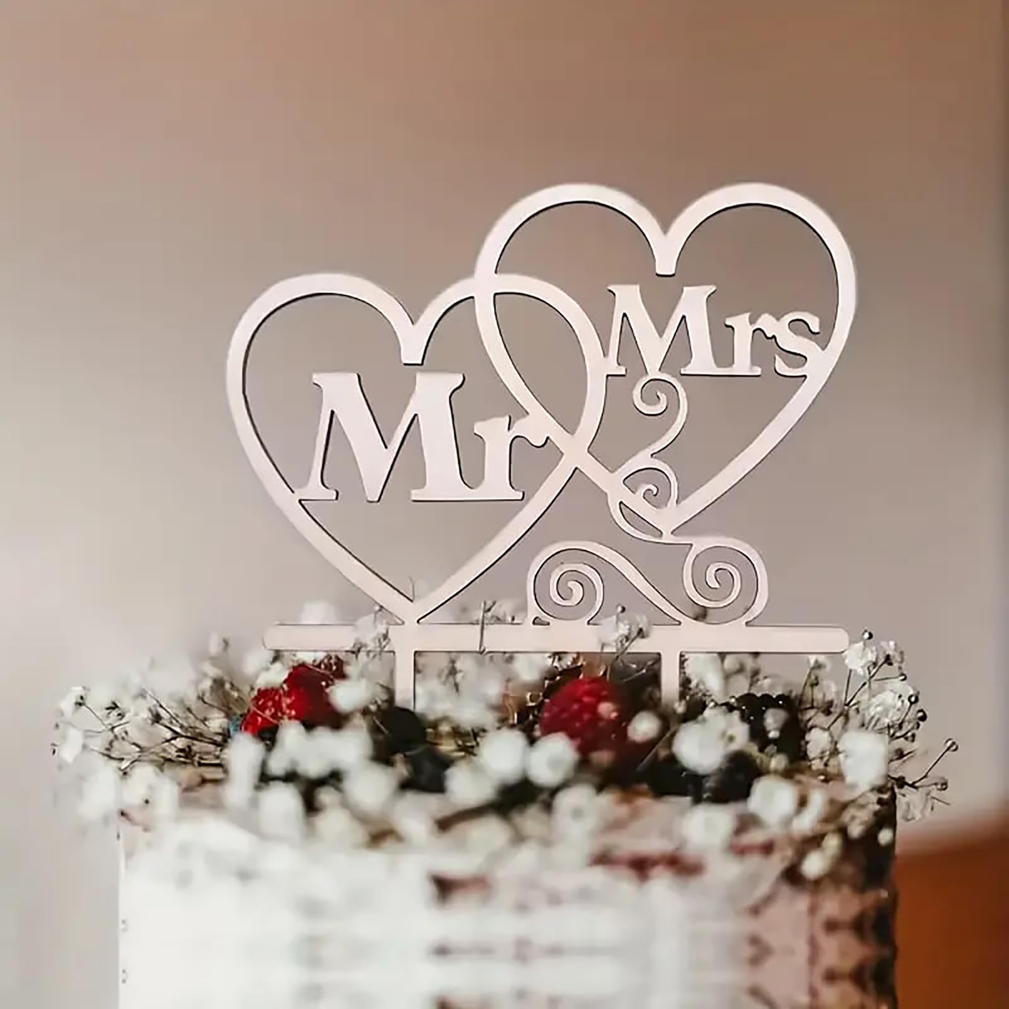 Handcrafted wooden "Mr & Mrs" centerpiece for cakes