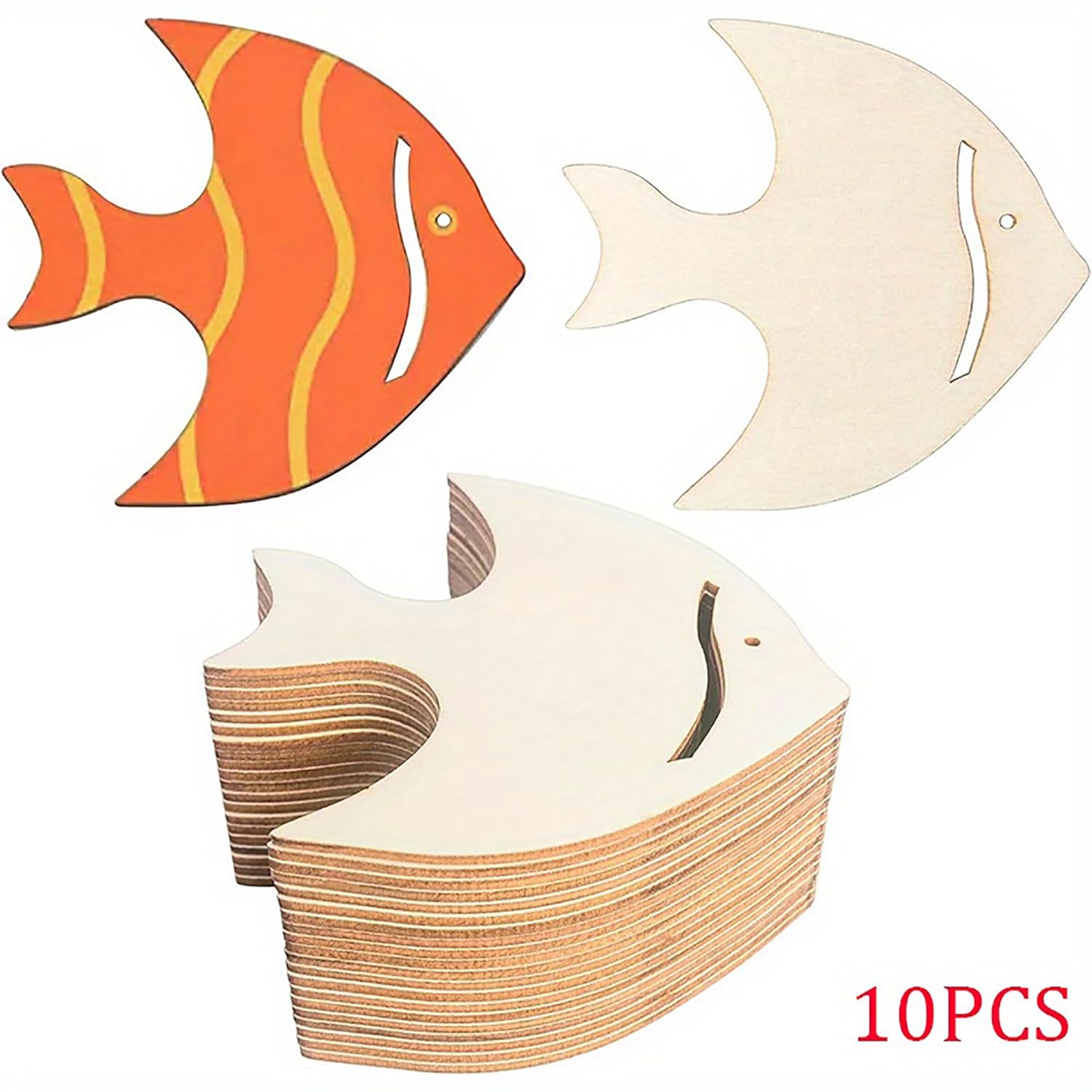 Set of wooden fish shapes with a stack of additional fish cutouts on a white background.