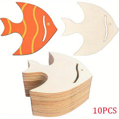 Set of wooden fish shapes with a stack of additional fish cutouts on a white background.