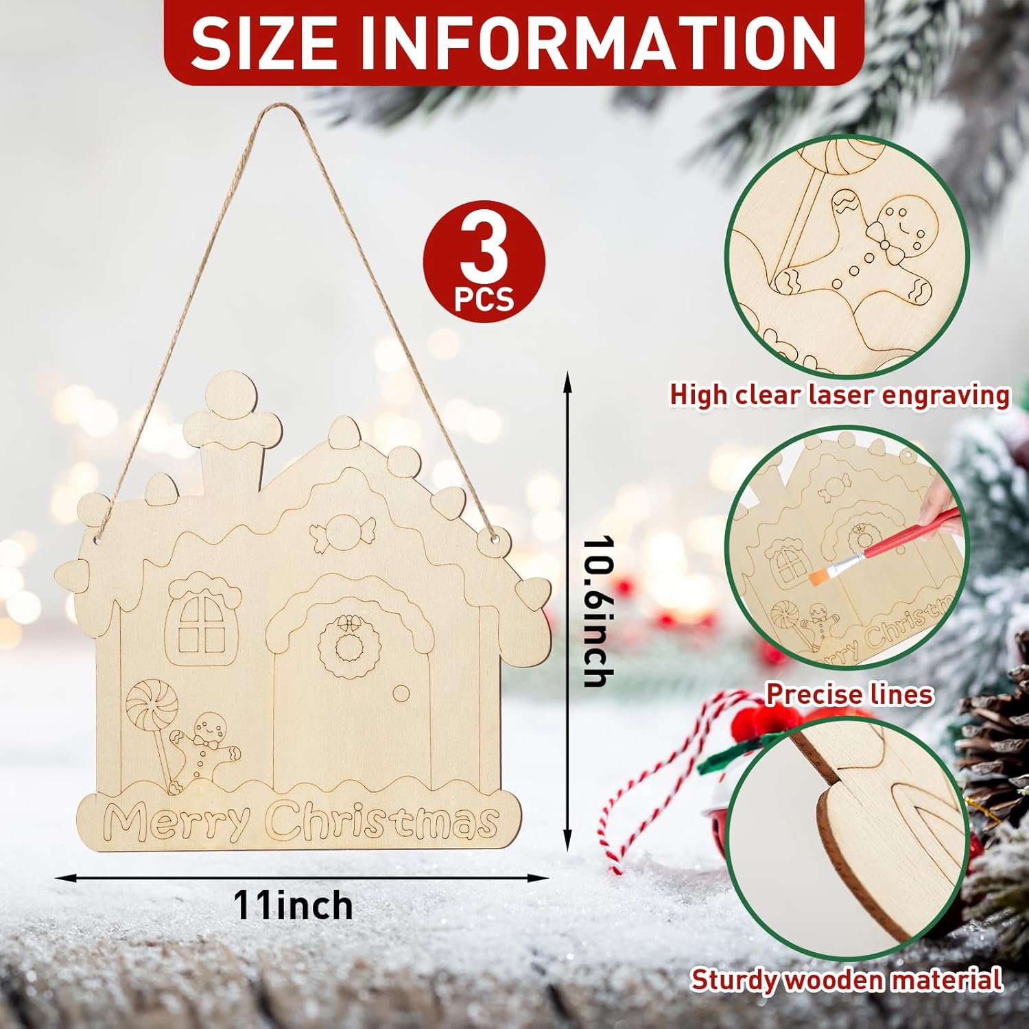 Wooden Christmas house ornament with size information and features on a festive background