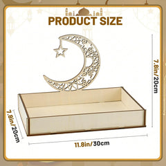 Decorative wooden tray with moon and star design, shown with measurements on a white background.