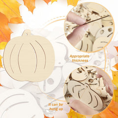 Wooden pumpkin cutout with fall leaves and close-up shots on a white background