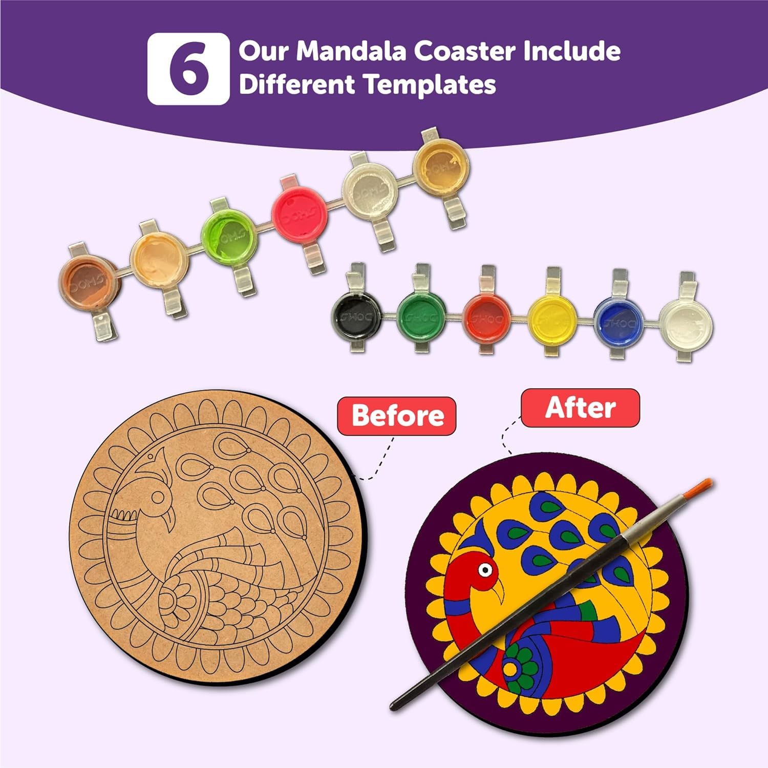Mandala coaster set with paint samples and 'Before'/'After' comparison on a purple and white background.