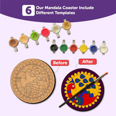 Mandala coaster set with paint samples and 'Before'/'After' comparison on a purple and white background.