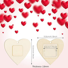 Heart-shaped wooden cutouts with measurements on a pink background with red hearts