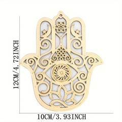 Decorative Hamsa hand with intricate patterns and measurements on a white background