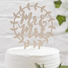Cliths Wooden Mr & Mrs Wedding Cake Topper MDF Round Rustic Cake Decor for Weddings, Anniversaries