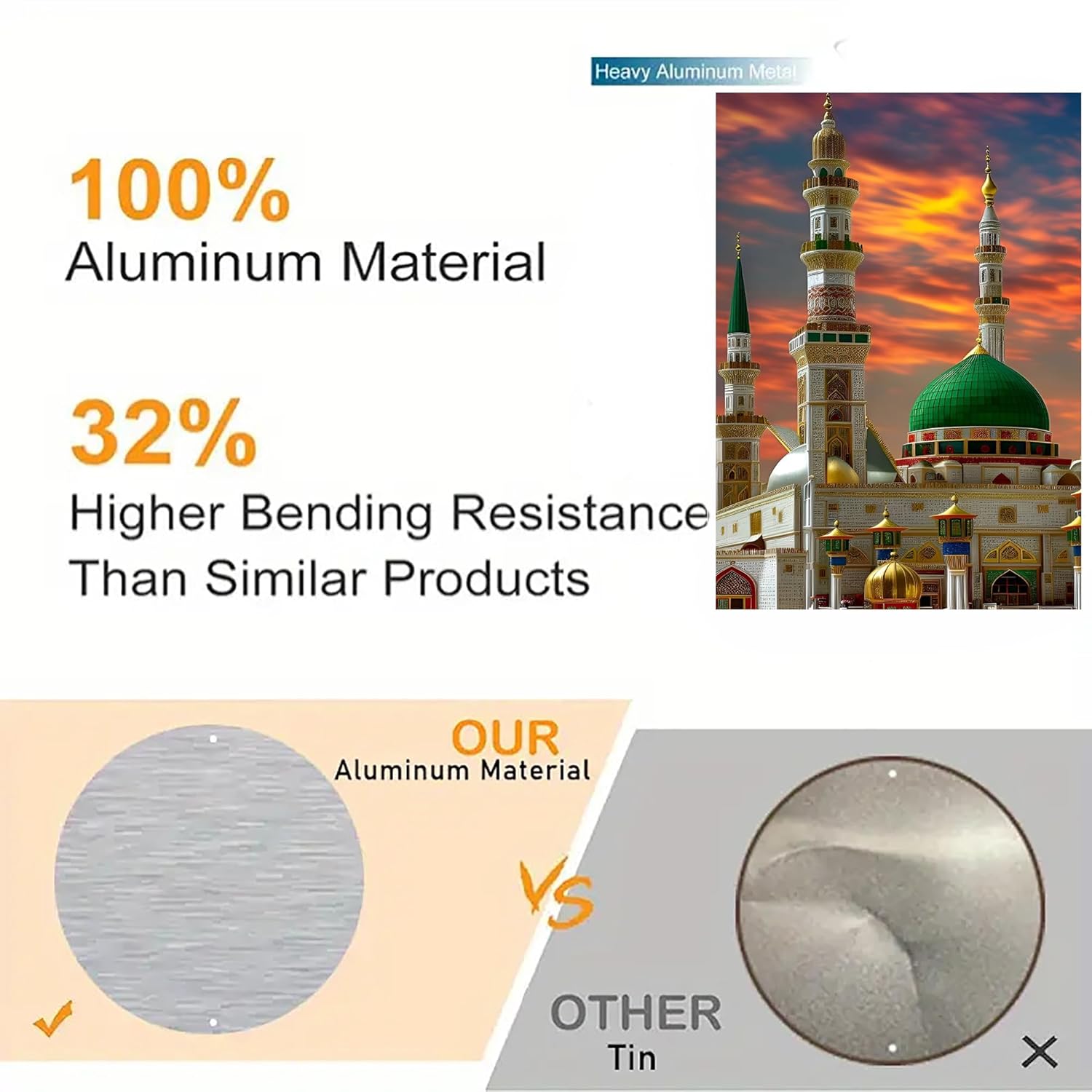 Advertisement showcasing aluminum material with bending resistance comparison and a mosque image.