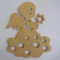 Wooden angel cutout with star shapes on a white background