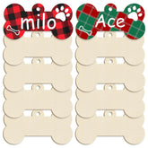 Two bone-shaped pet tags with 'milo' and 'Ace' on plaid and solid backgrounds.