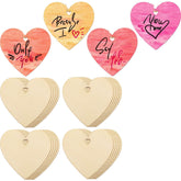 Heart-shaped wooden tags with printed sentiments on a white background
