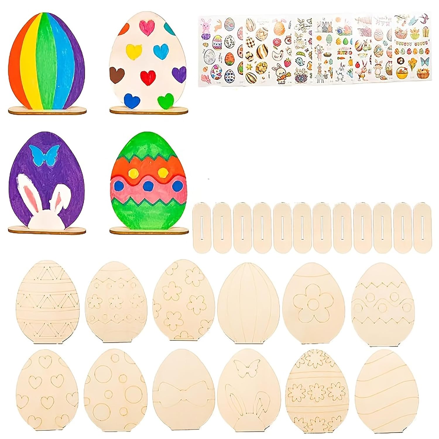 Assorted wooden Easter egg toys and decorative items on a white background