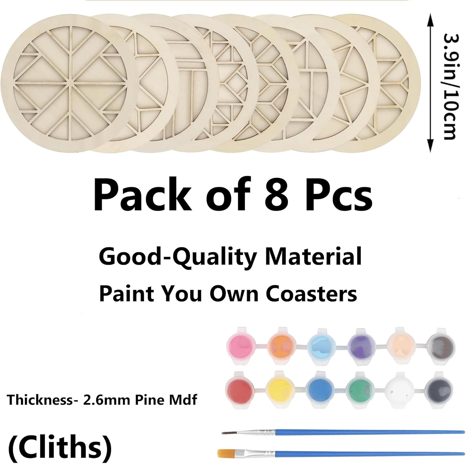 Pack of 8 paint-your-own coasters with paint and brushes on a white background