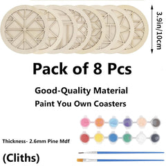 Pack of 8 paint-your-own coasters with paint and brushes on a white background
