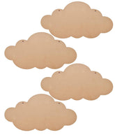 Four cloud-shaped wooden cutouts on a white background