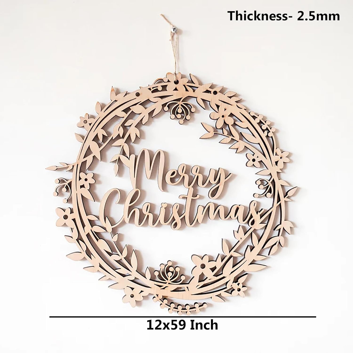 Wooden wreath with 'Merry Christmas' text on a white background