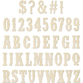 Set of wooden letters and numbers on a white background