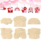 Set of wooden craft shapes with heart designs on a pink background