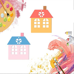 Colorful houses with a paint palette and brushes on a white background