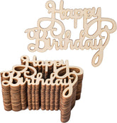 Stack of wooden 'Happy Birthday' cutouts on a white background