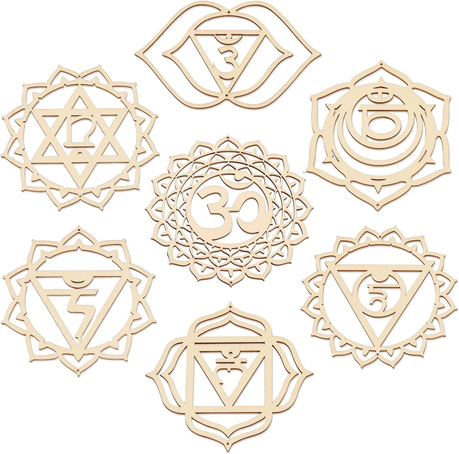 Set of wooden chakra symbols on a white background