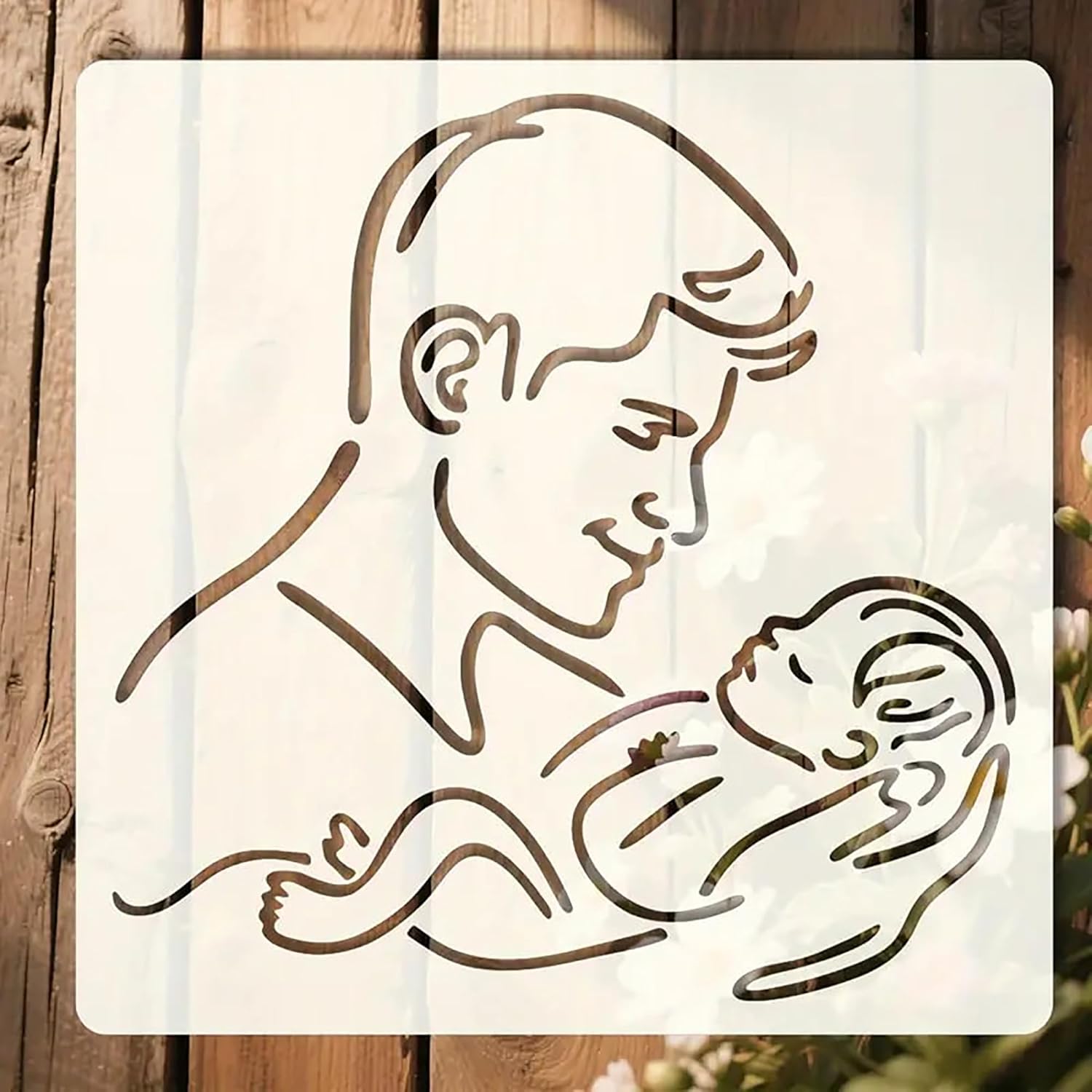 Stylized illustration of a mother holding a baby on a wooden background
