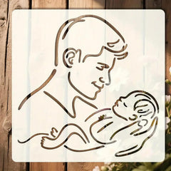 Stylized illustration of a mother holding a baby on a wooden background