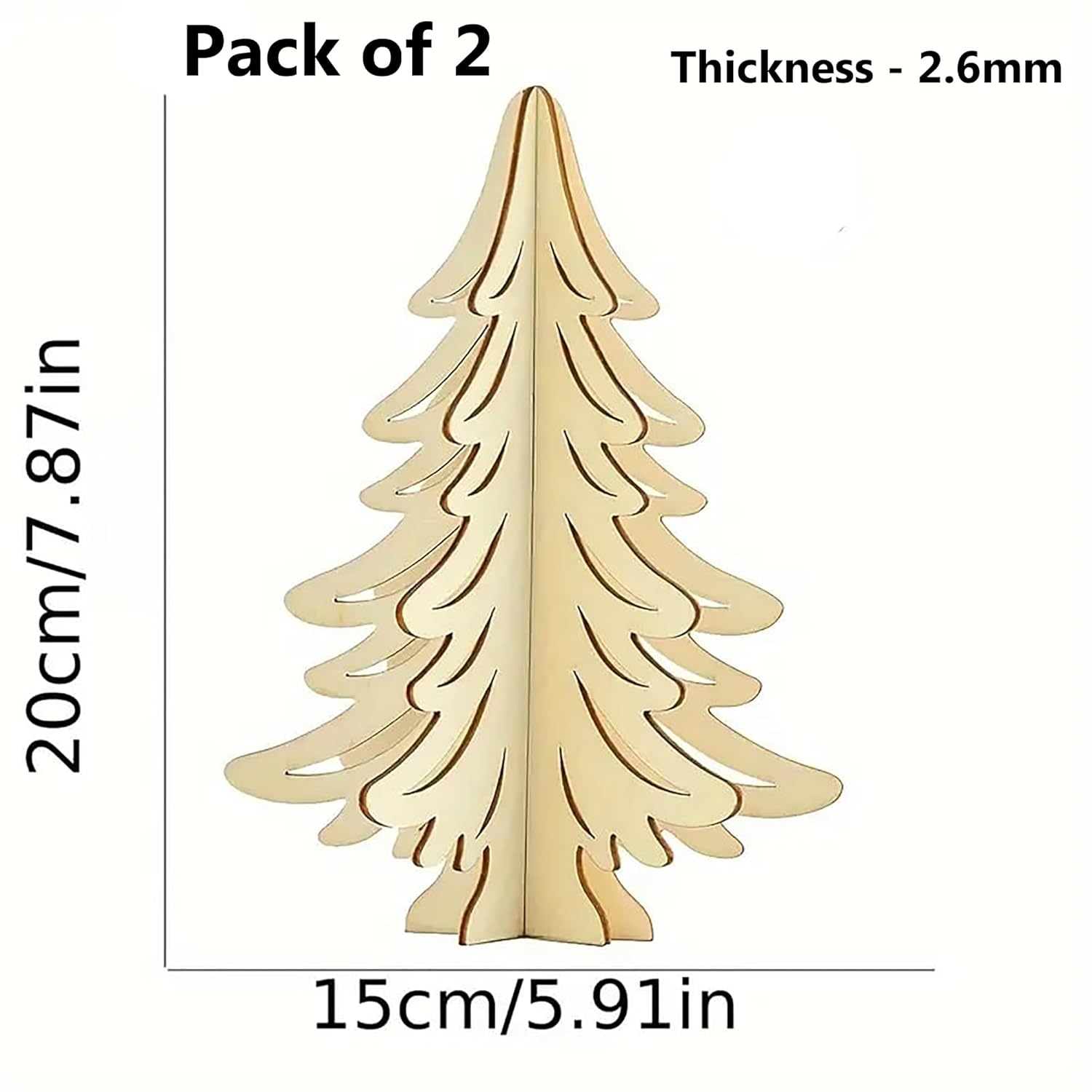 Wooden Christmas tree decoration with measurements on a white background