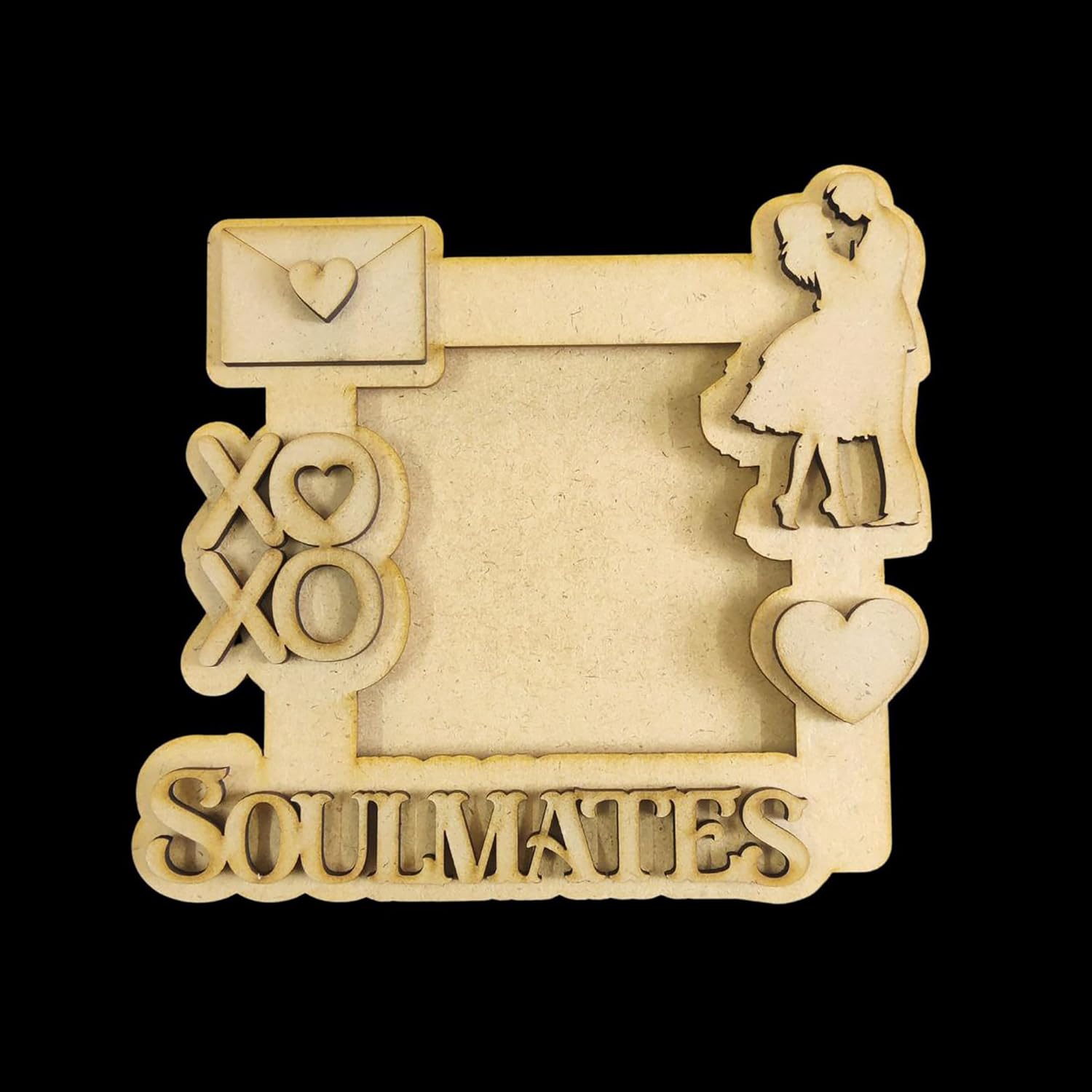 Wooden photo frame with 'Soulmates' text and decorative elements on a black background