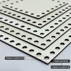 Sheet of perforated material with measurement labels on a light gray background