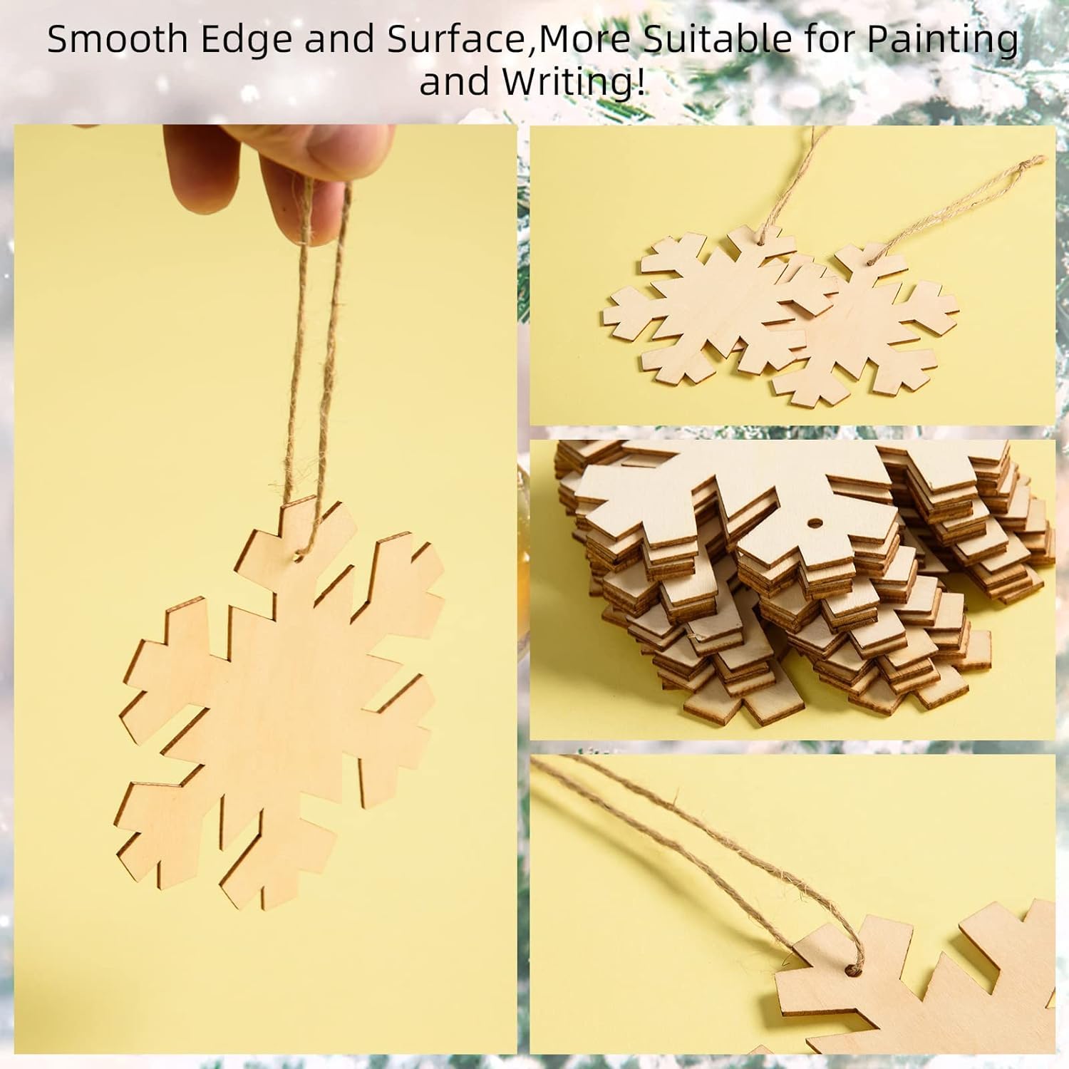Wooden snowflake shapes on a yellow background with text about smooth edges and suitability for painting and writing.