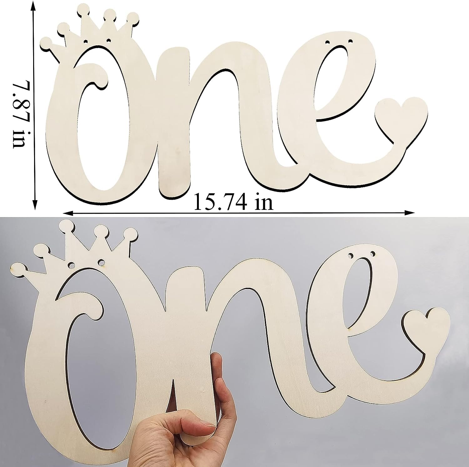 Wooden letter spelling 'one' with a crown design, held by a hand against a gray background.