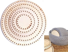 Set of wooden circular coasters with a matching woven mat on a white background