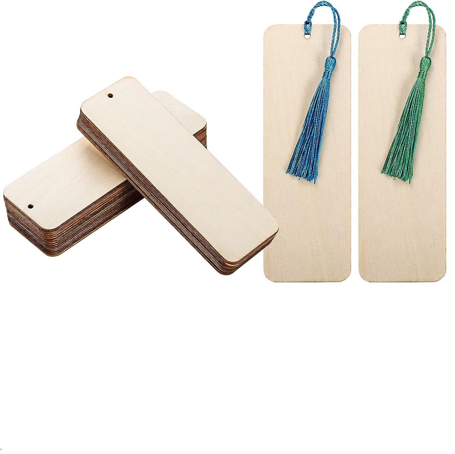 Wooden bookmarks with tassels on a white background