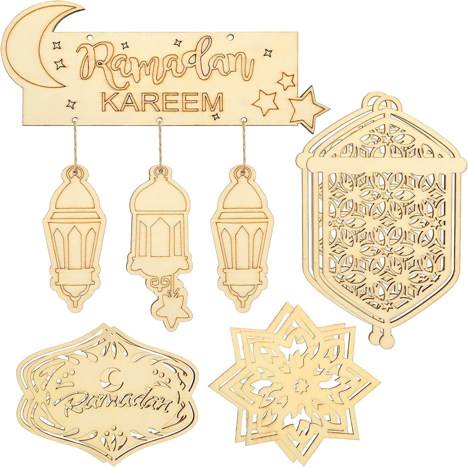 Decorative wooden cutouts with Ramadan Kareem text and lantern designs on a white background