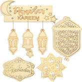 Decorative wooden cutouts with Ramadan Kareem text and lantern designs on a white background