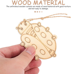 Wooden ladybug cutout held by a hand with text about wood material quality.
