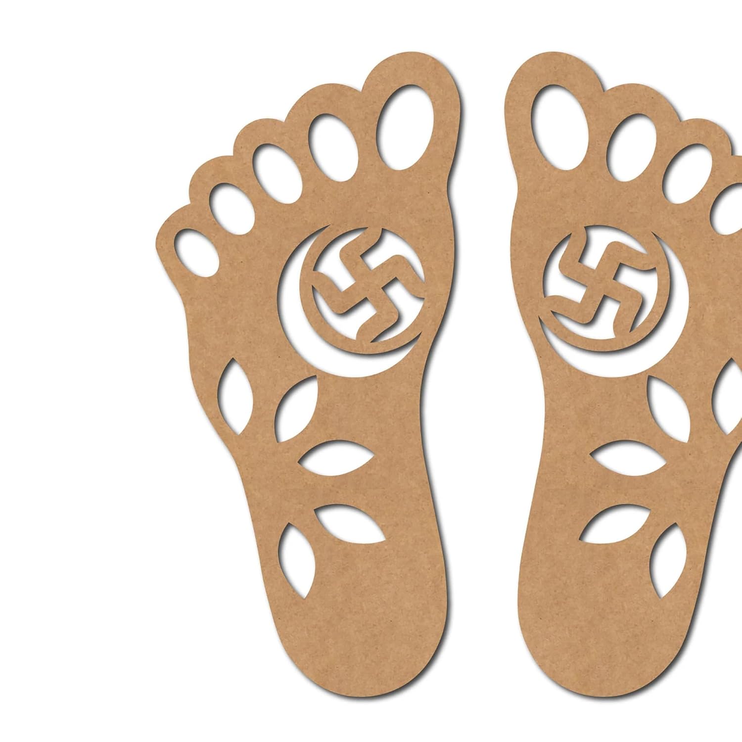 Brown cardboard footprints with a swastika symbol on a white background