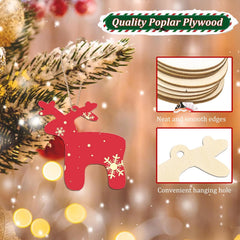 Red reindeer-shaped wooden ornament with snowflake details on a Christmas tree background, featuring text about quality poplar plywood.