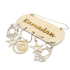 Decorative hanging items with 'Ramadan' sign on a white background